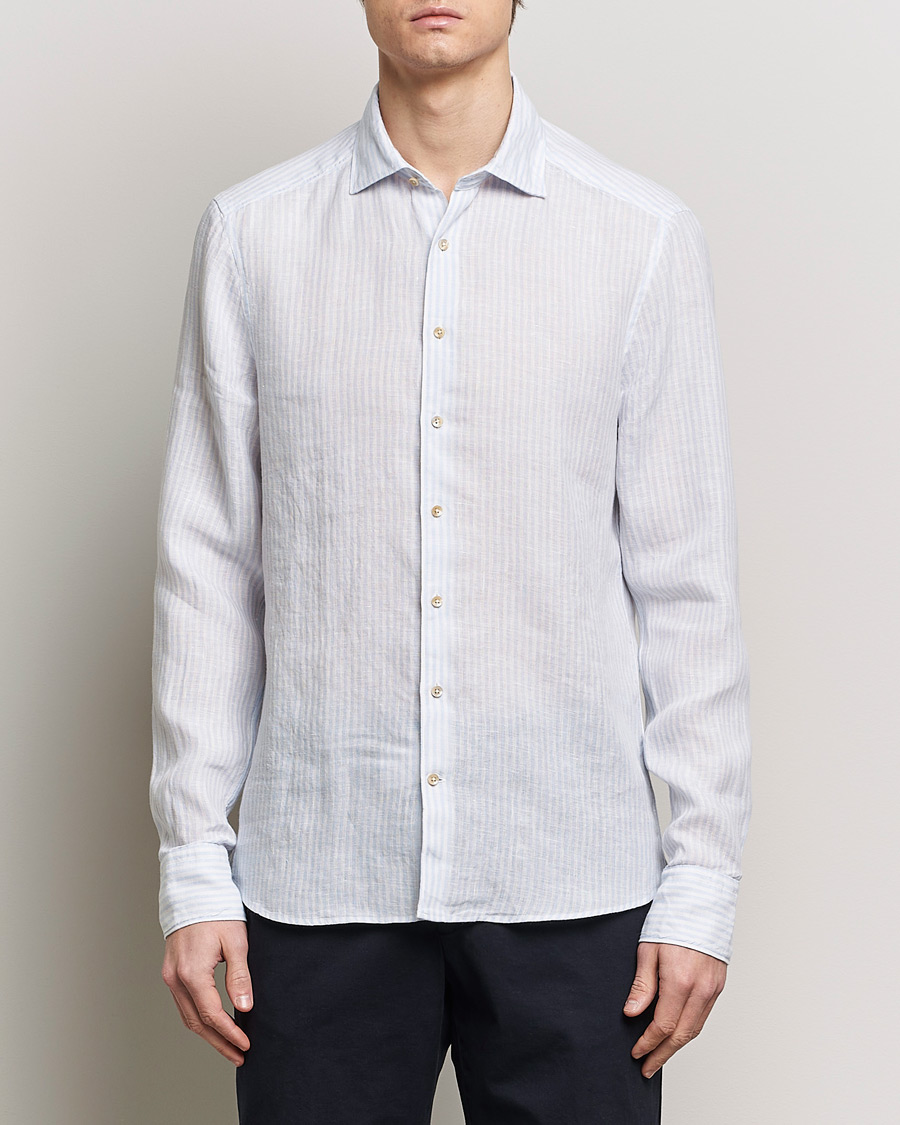 Mies | Kauluspaidat | Stenströms | Slimline Cut Away Striped Linen Shirt Light Blue
