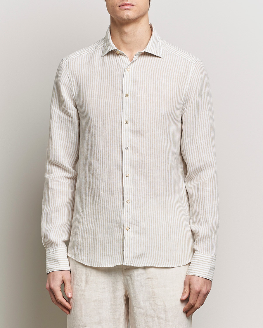 Mies | Pellavapaidat | Stenströms | Slimline Cut Away Striped Linen Shirt Beige