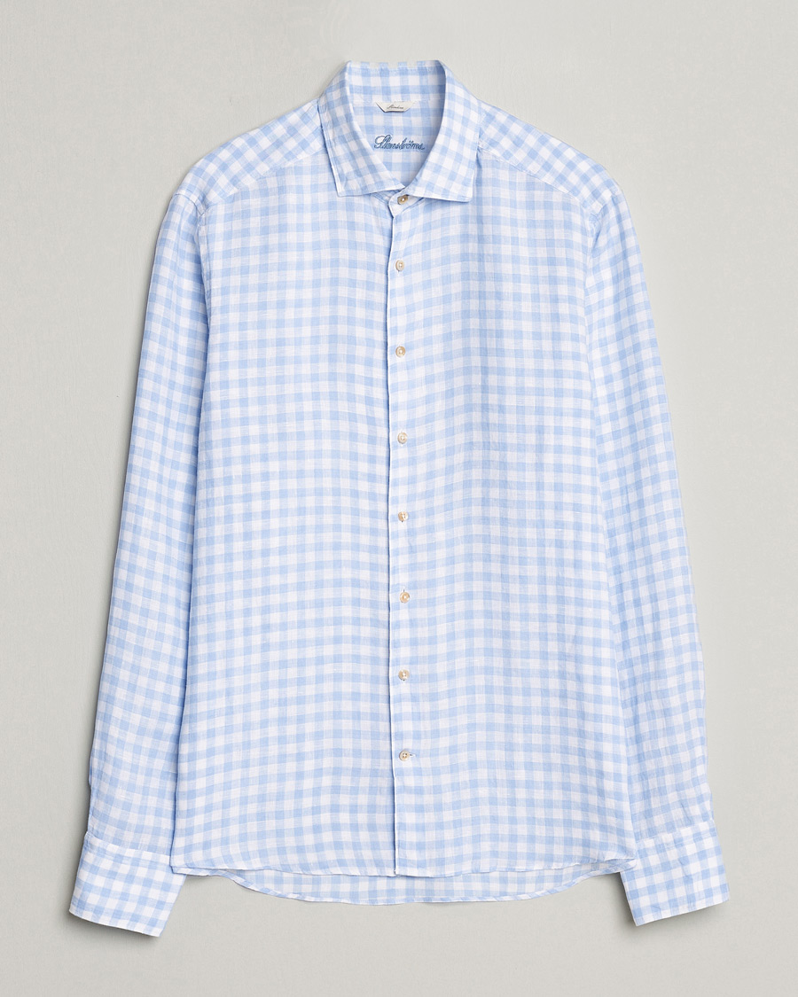 Mies | Kauluspaidat | Stenströms | Slimline Cut Away Checked Linen Shirt Light Blue