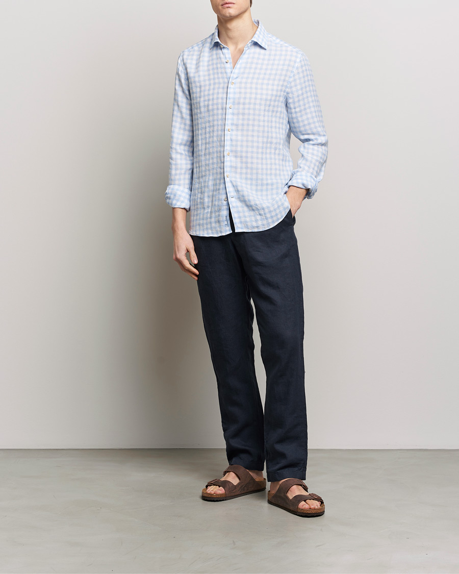 Mies | Kauluspaidat | Stenströms | Slimline Cut Away Checked Linen Shirt Light Blue