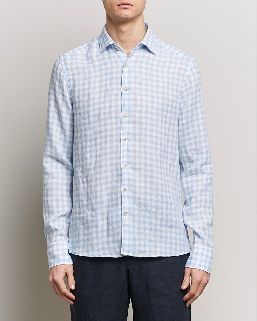 Mies | Pellavapaidat | Stenströms | Slimline Cut Away Checked Linen Shirt Light Blue