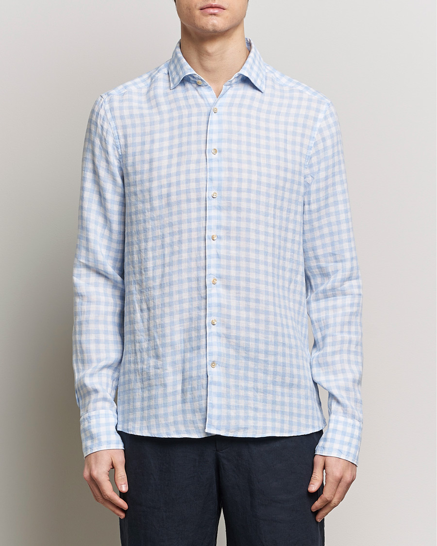 Mies | Kauluspaidat | Stenströms | Slimline Cut Away Checked Linen Shirt Light Blue