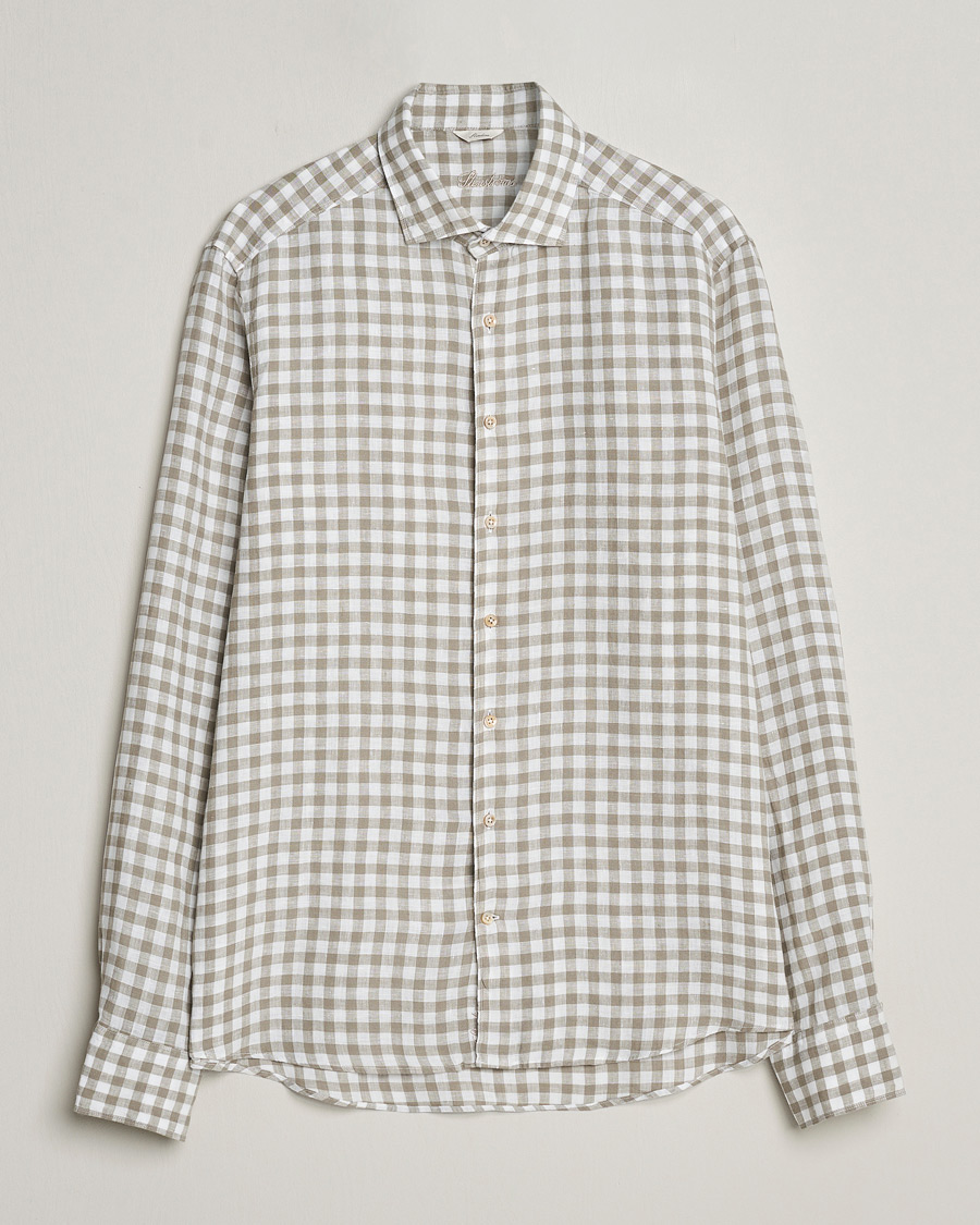 Mies | Kauluspaidat | Stenströms | Slimline Cut Away Checked Linen Shirt Light Grey