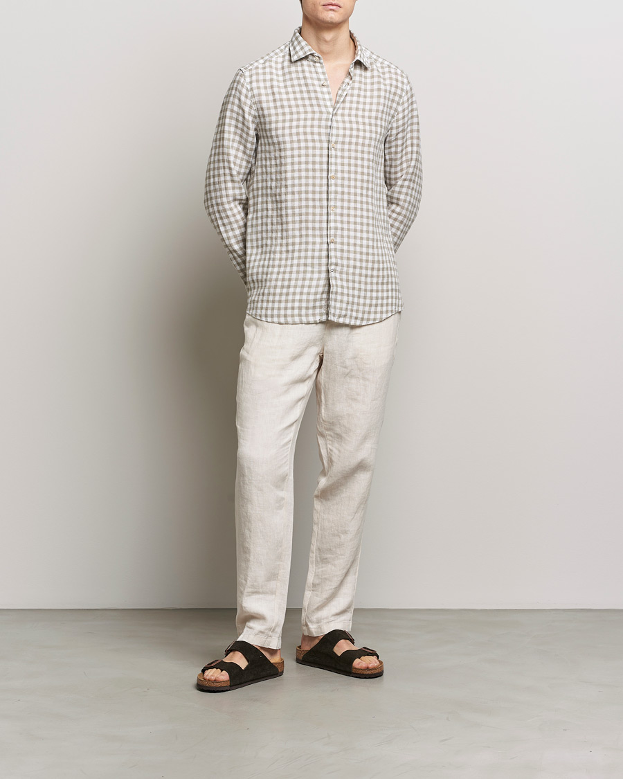 Mies | Kauluspaidat | Stenströms | Slimline Cut Away Checked Linen Shirt Light Grey