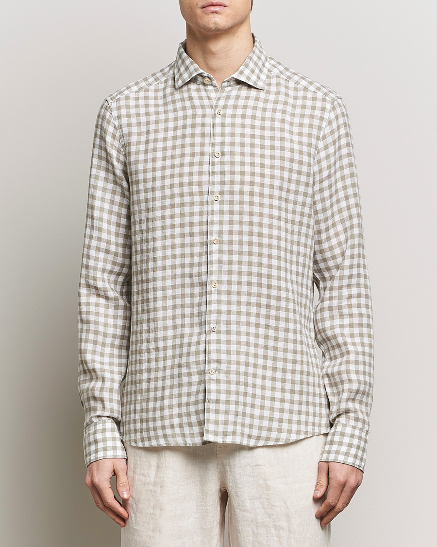 Mies | Pellavapaidat | Stenströms | Slimline Cut Away Checked Linen Shirt Light Grey
