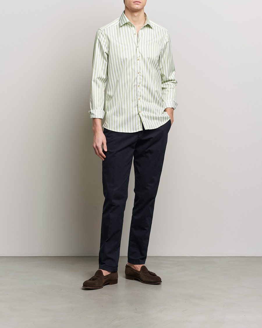 Mies | Kauluspaidat | Stenströms | Slimline Large Stripe Washed Cotton Shirt Green