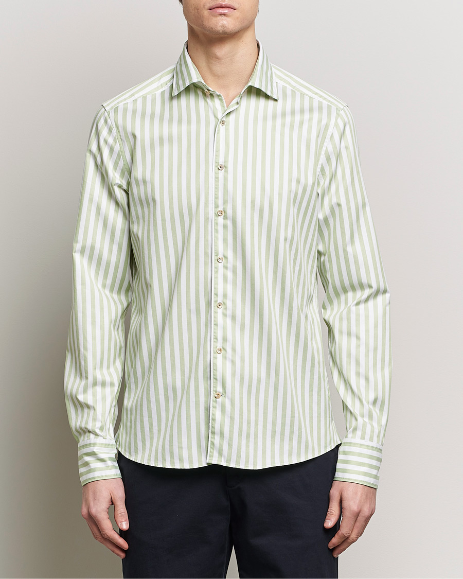 Mies | Kauluspaidat | Stenströms | Slimline Large Stripe Washed Cotton Shirt Green