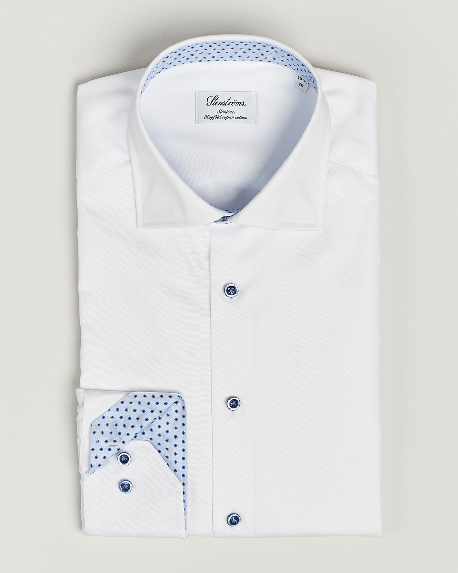 Mies | Kauluspaidat | Stenströms | Slimline Cut Away Print Contrast Shirt White