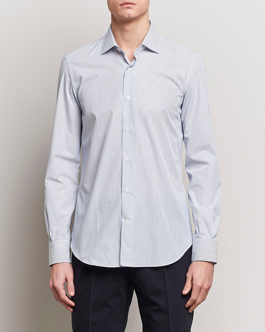 Mies |  | Mazzarelli | Soft Cotton Cut Away Shirt Blue Pinstripe