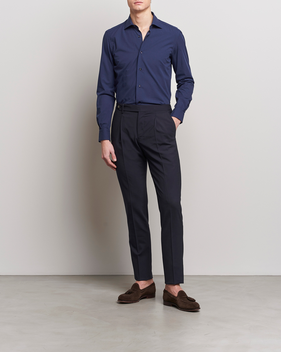 Mies | Kauluspaidat | Mazzarelli | Soft Tonal Seersucker Shirt Navy
