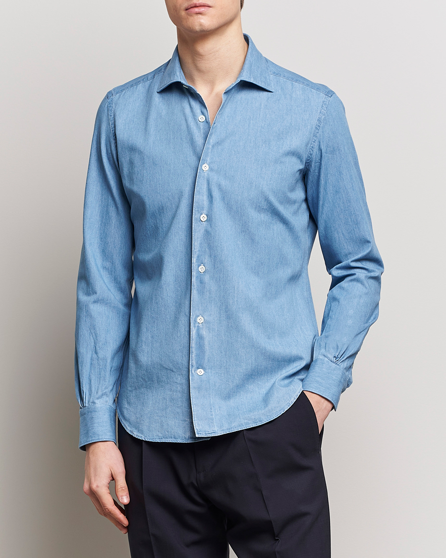 Mies | Italian Department | Mazzarelli | Soft Cotton Denim Shirt Blue Wash