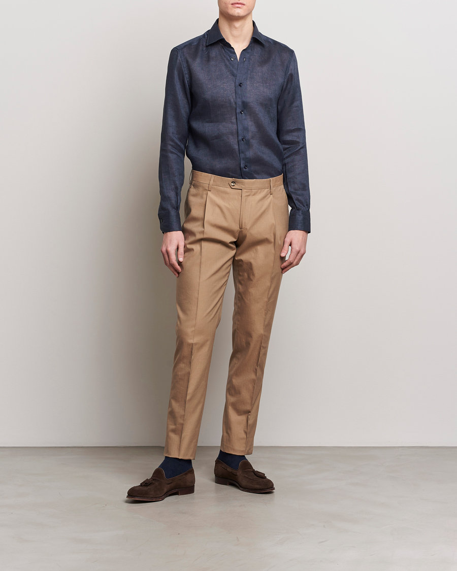 Mies | Kauluspaidat | Mazzarelli | Soft Linen Cut Away Shirt Navy