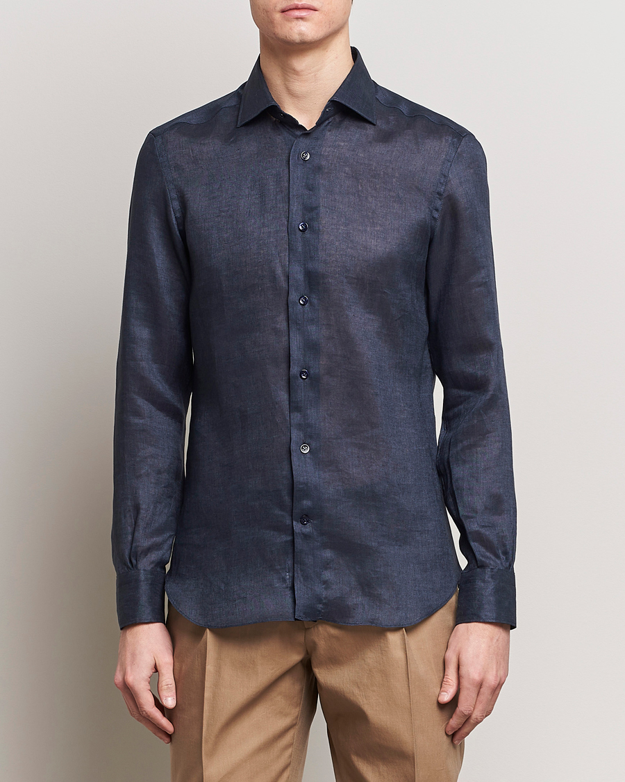 Mies | Kauluspaidat | Mazzarelli | Soft Linen Cut Away Shirt Navy