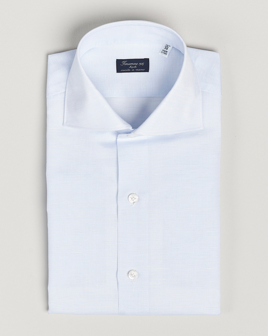 Mies | Kauluspaidat | Finamore Napoli | Milano Slim Cotton/Linen Shirt Light Blue