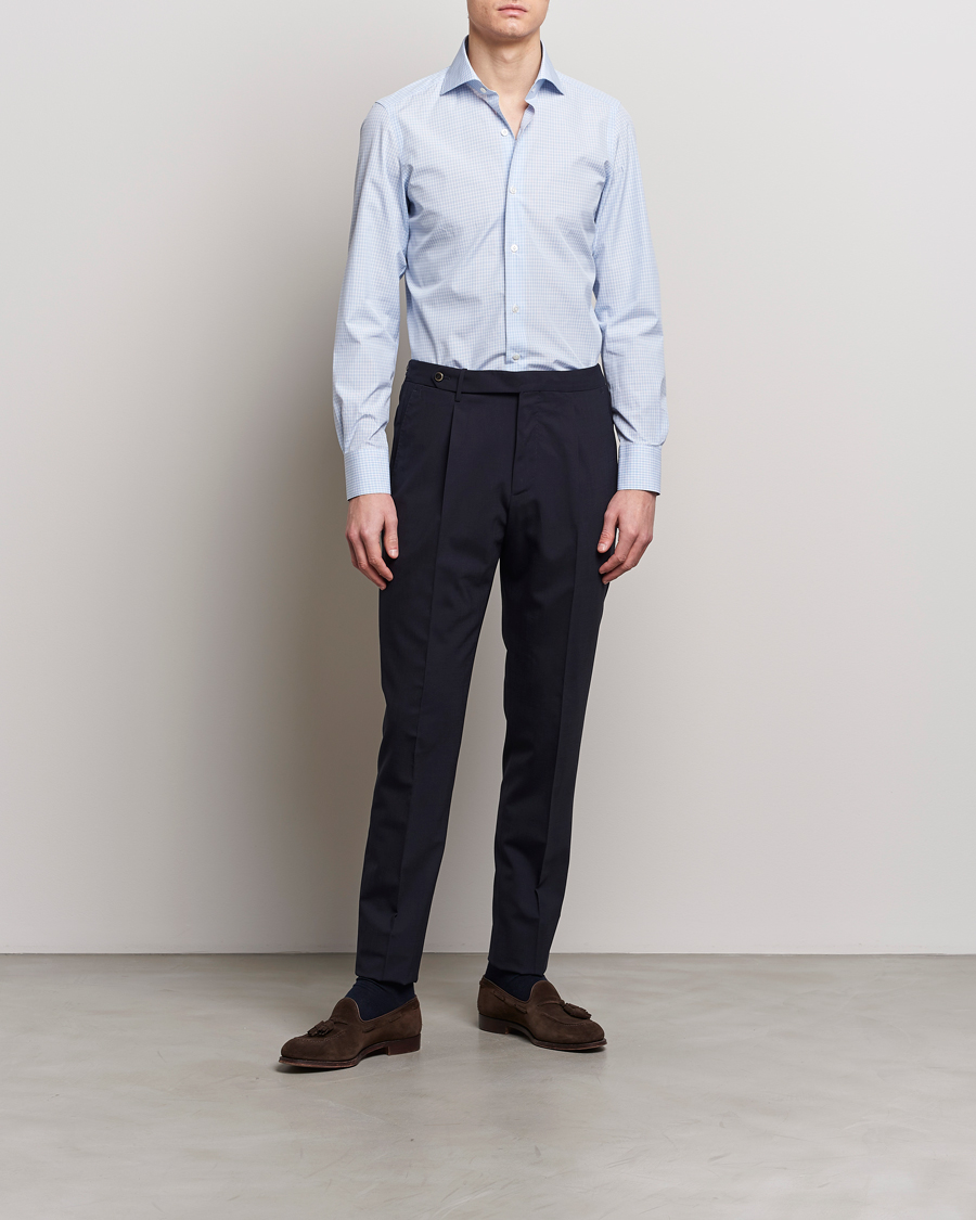 Mies | Viralliset | Finamore Napoli | Milano Slim Checked Dress Shirt Light Blue