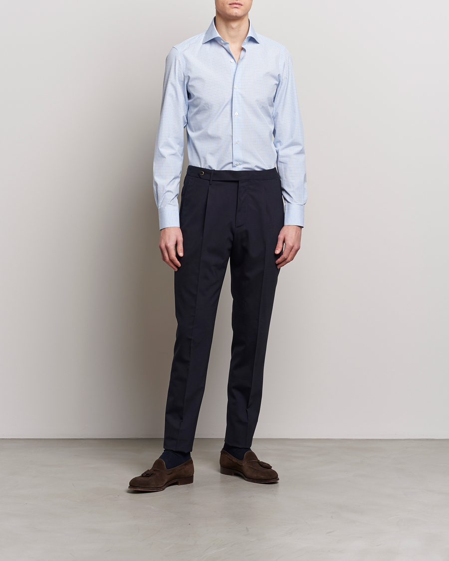 Mies | Kauluspaidat | Finamore Napoli | Milano Slim Checked Dress Shirt Light Blue