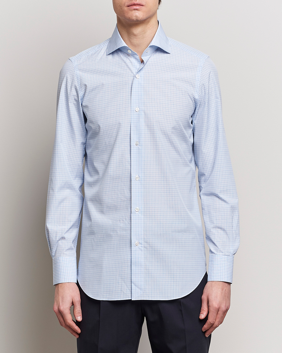 Mies | Kauluspaidat | Finamore Napoli | Milano Slim Checked Dress Shirt Light Blue