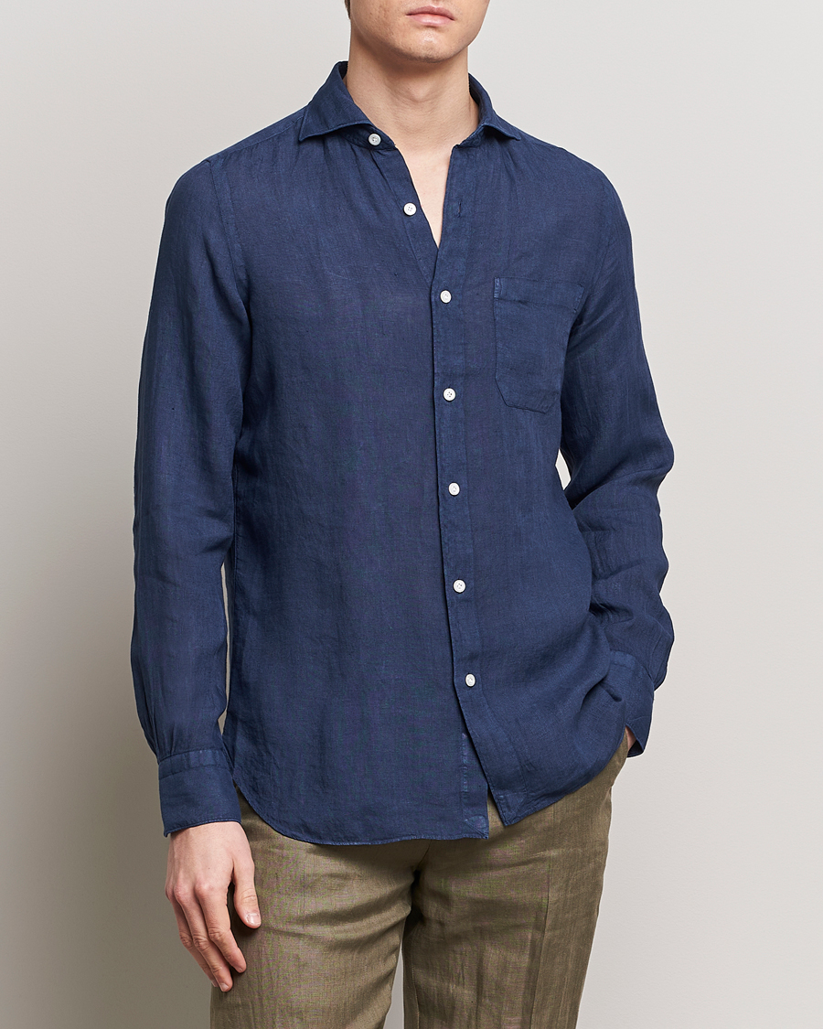 Mies | Kauluspaidat | Finamore Napoli | Gaeta Linen Pocket Shirt Navy