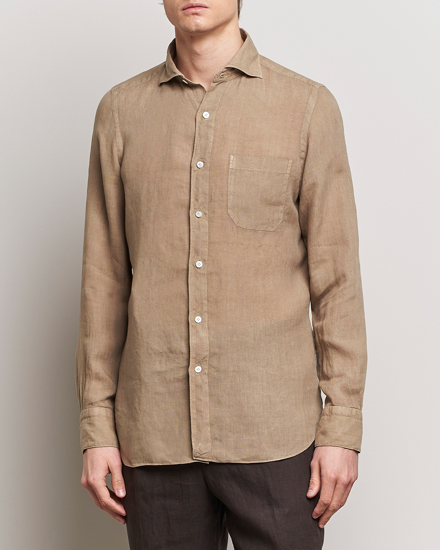 Mies | Italian Department | Finamore Napoli | Gaeta Linen Pocket Shirt Taupe
