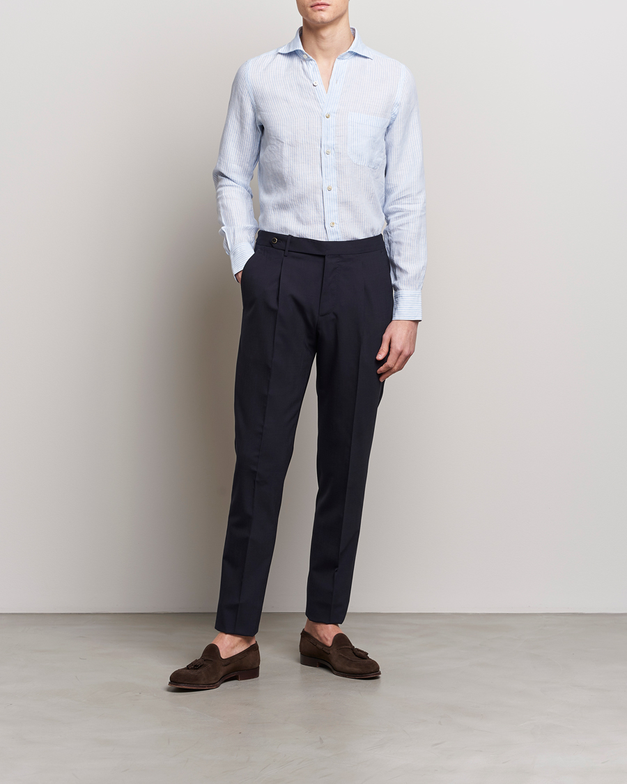 Mies | Kauluspaidat | Finamore Napoli | Gaeta Striped Linen Pocket Shirt Light Blue