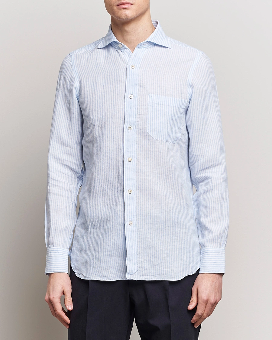 Mies | Rennot | Finamore Napoli | Gaeta Striped Linen Pocket Shirt Light Blue