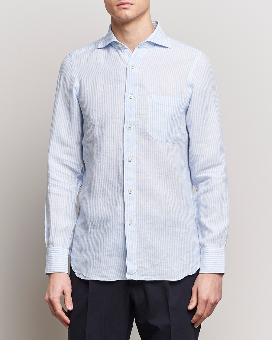 Mies | Kauluspaidat | Finamore Napoli | Gaeta Striped Linen Pocket Shirt Light Blue