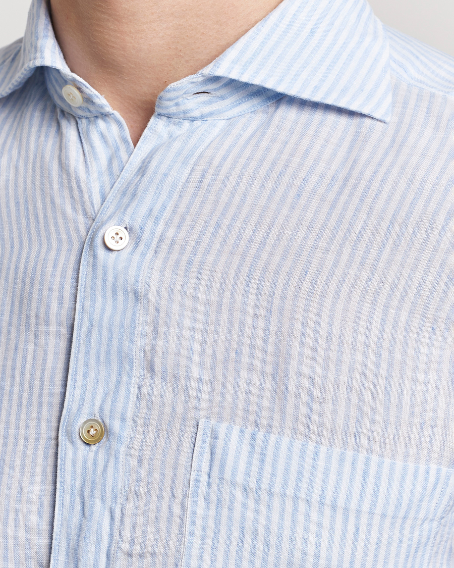 Mies | Kauluspaidat | Finamore Napoli | Gaeta Striped Linen Pocket Shirt Light Blue