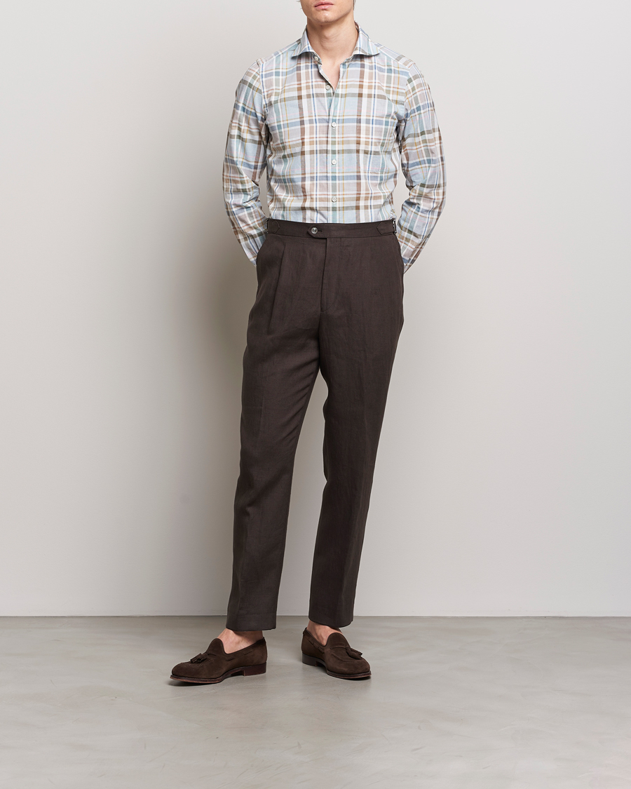Mies | Kauluspaidat | Finamore Napoli | Gaeta Cotton/Linen Pocket Shirt Beige Check