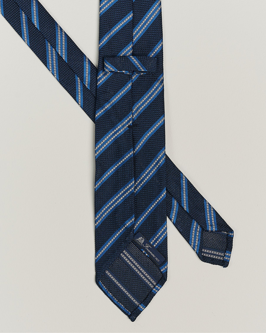 Mies |  | Finamore Napoli | Jacquard Regimental Stripe Silk Tie Navy/Blue