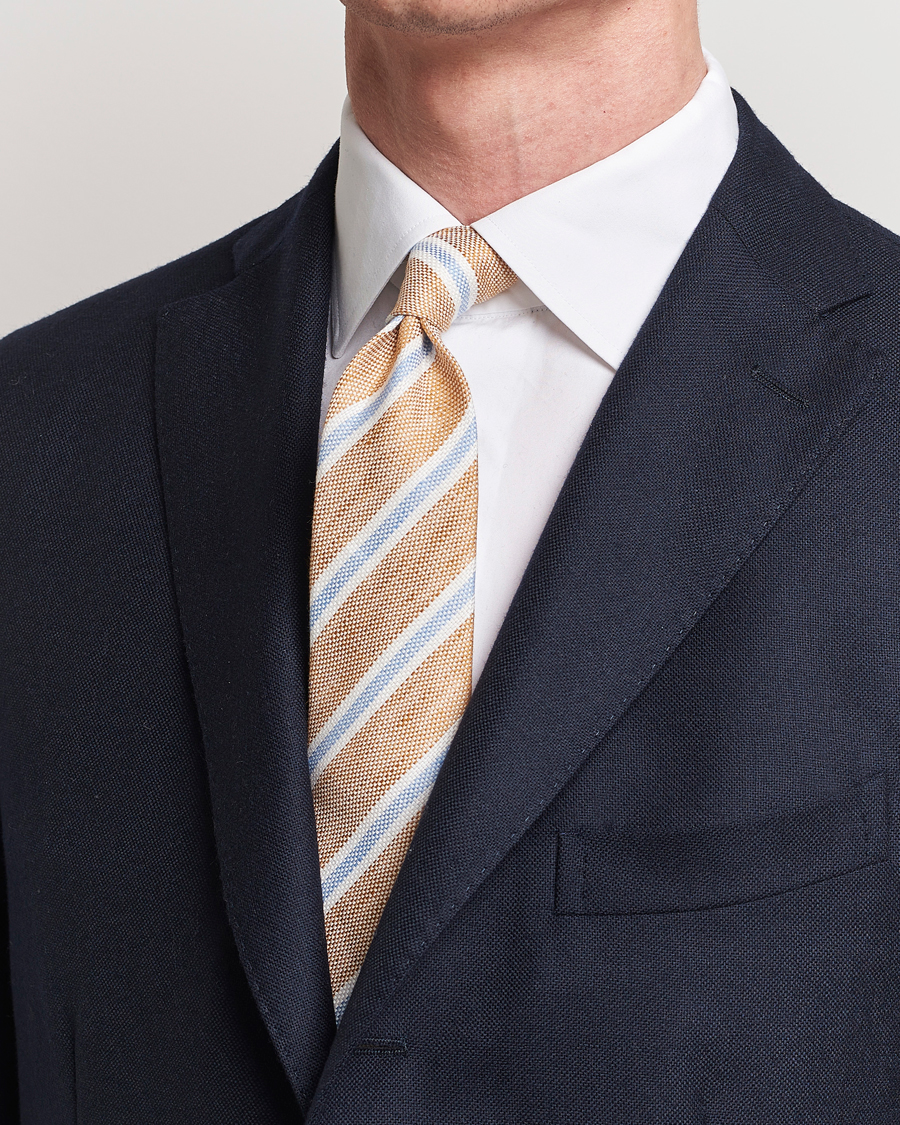 Mies | Finamore Napoli Regimental Stripe Linen Tie Beige/Blue | Finamore Napoli | Regimental Stripe Linen Tie Beige/Blue