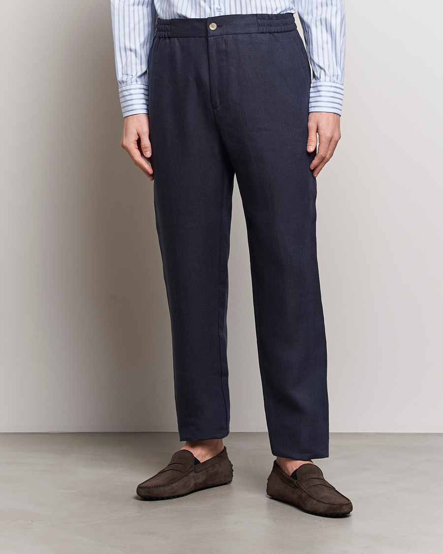 Mies | Kurenauhahousut | Etro | Linen Drawstring Trousers Navy