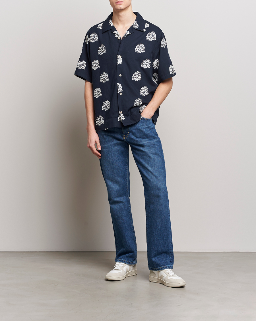 Mies | Kauluspaidat | NN07 | Leo Printed Short Sleeve Shirt Navy Blue