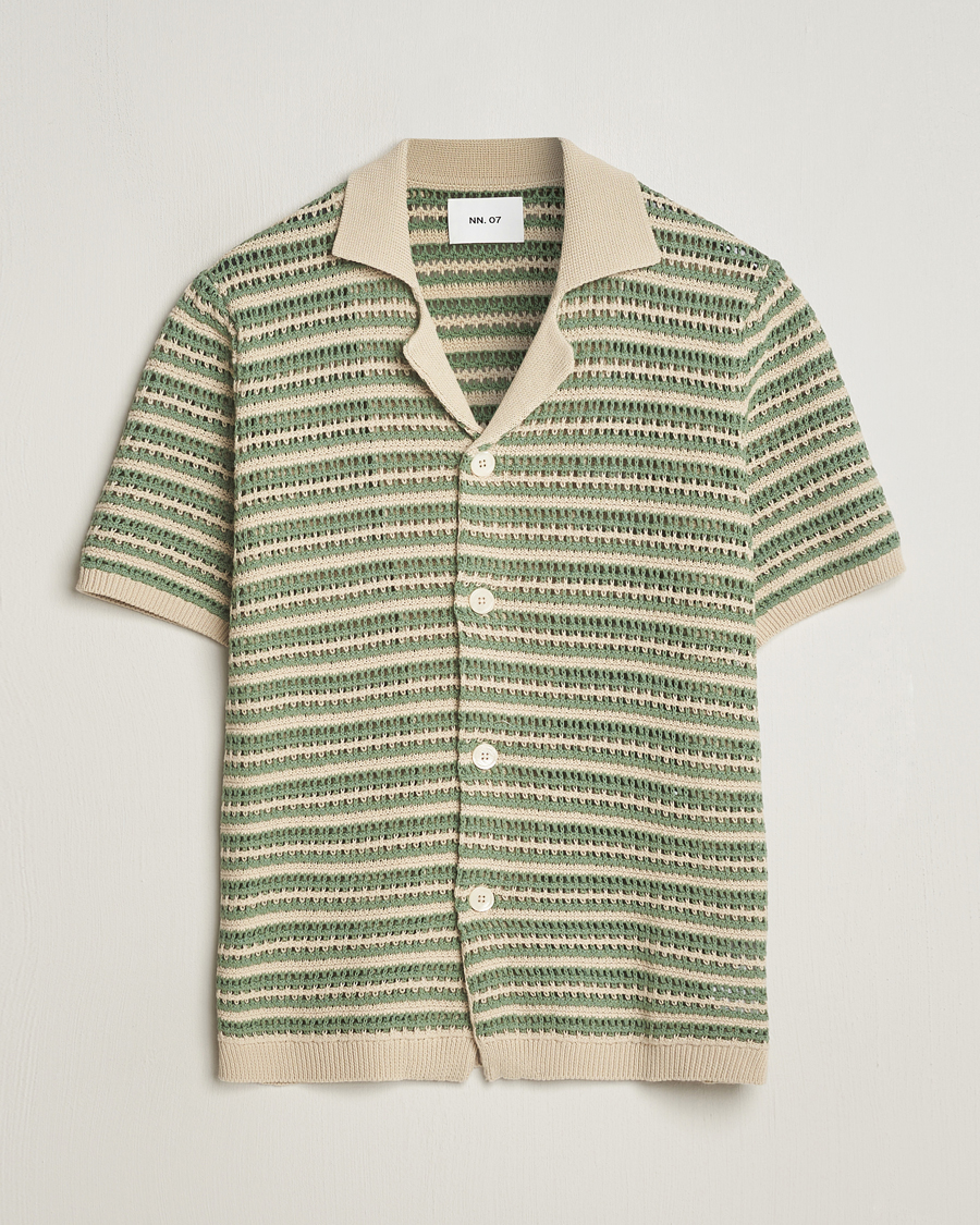Mies | Kauluspaidat | NN07 | Henry Knitted Striped Short Shleeve Shirt Ecru/Green
