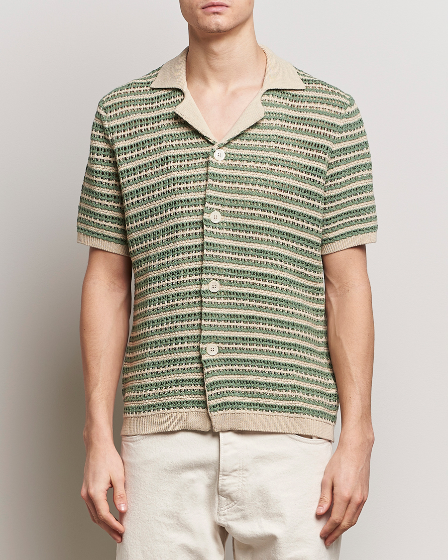 Mies | Kauluspaidat | NN07 | Henry Knitted Striped Short Shleeve Shirt Ecru/Green