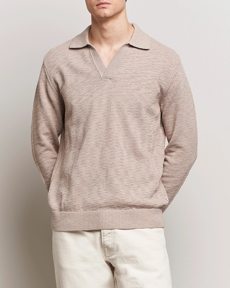 Mies |  | NN07 | Ryan Long Sleeve Open Collar Knitted Polo Khaki Stone