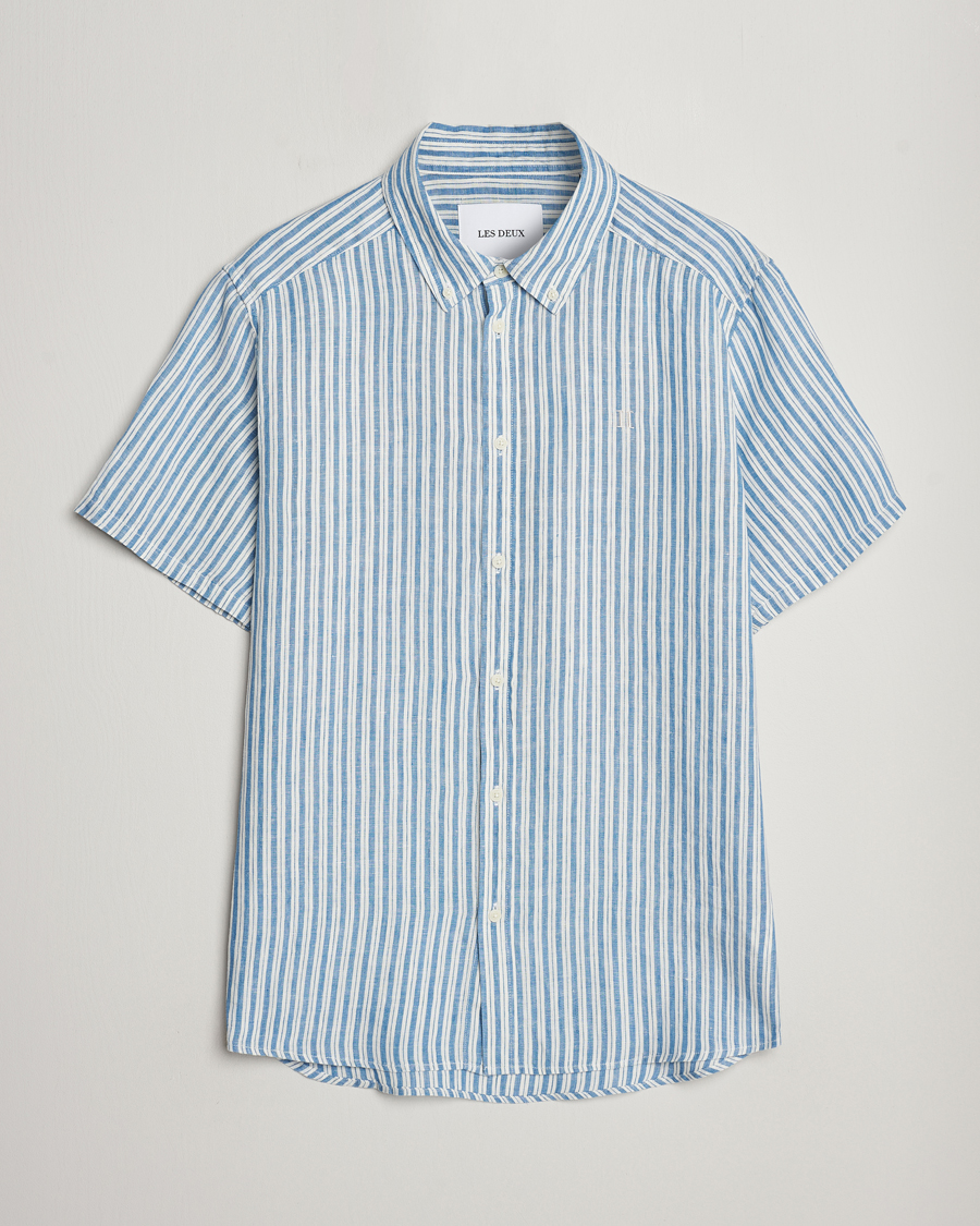 Mies | Kauluspaidat | LES DEUX | Kris Linen Striped Short Sleeve Shirt Blue/Ivory