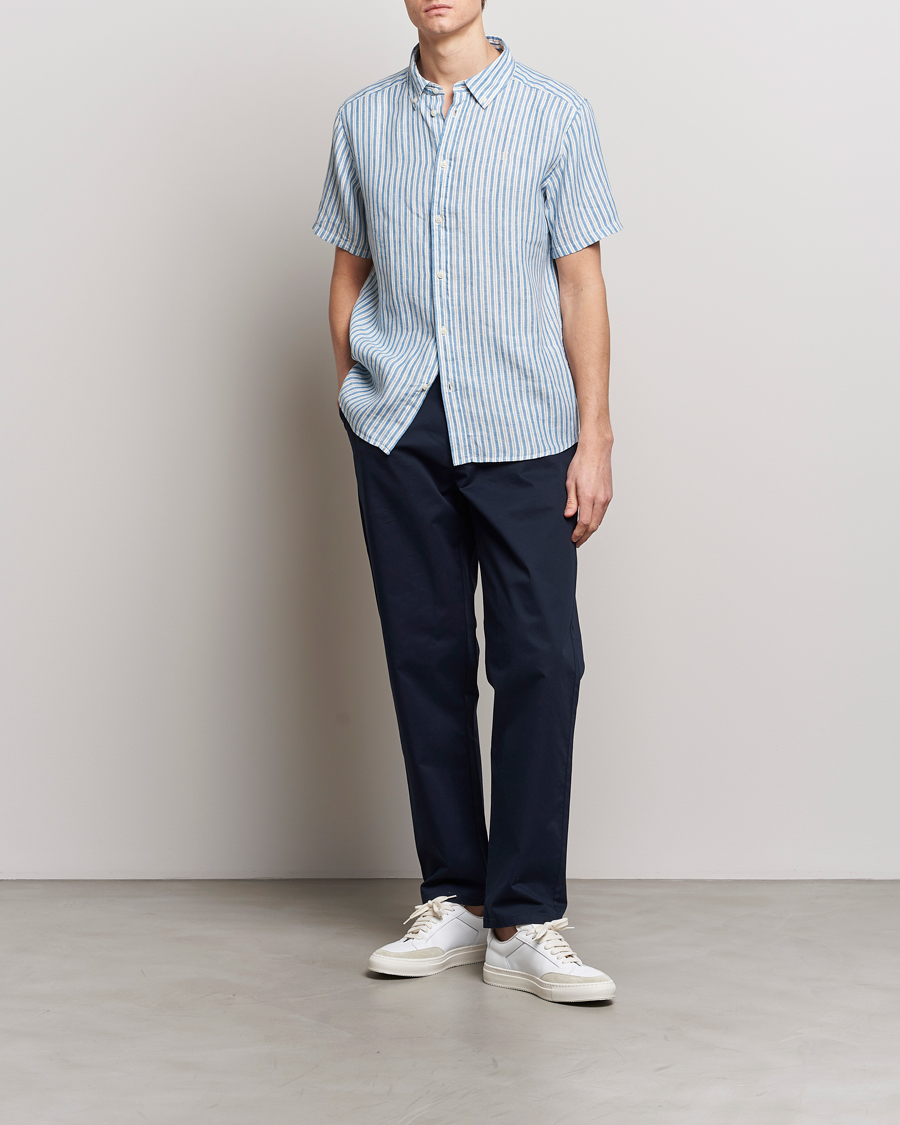 Mies | Kauluspaidat | LES DEUX | Kris Linen Striped Short Sleeve Shirt Blue/Ivory