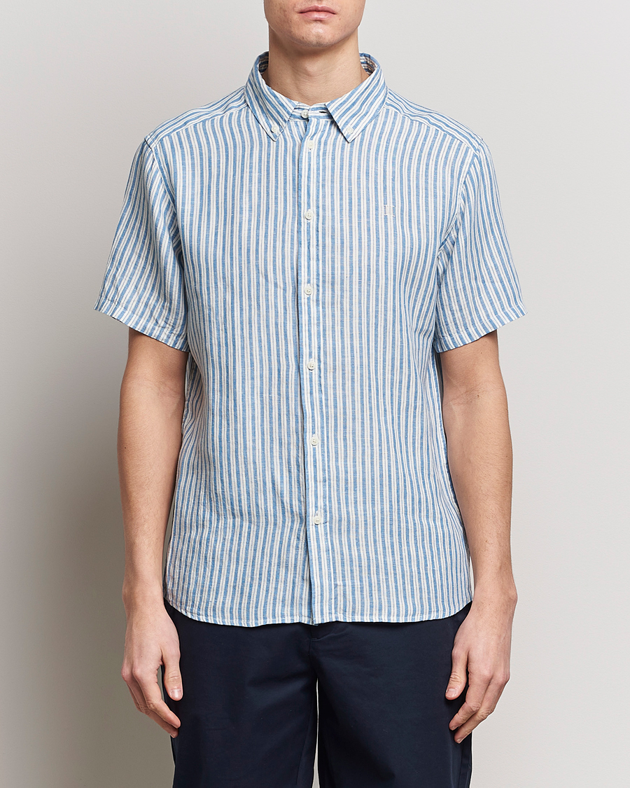 Mies | Lyhythihaiset kauluspaidat | LES DEUX | Kris Linen Striped Short Sleeve Shirt Blue/Ivory