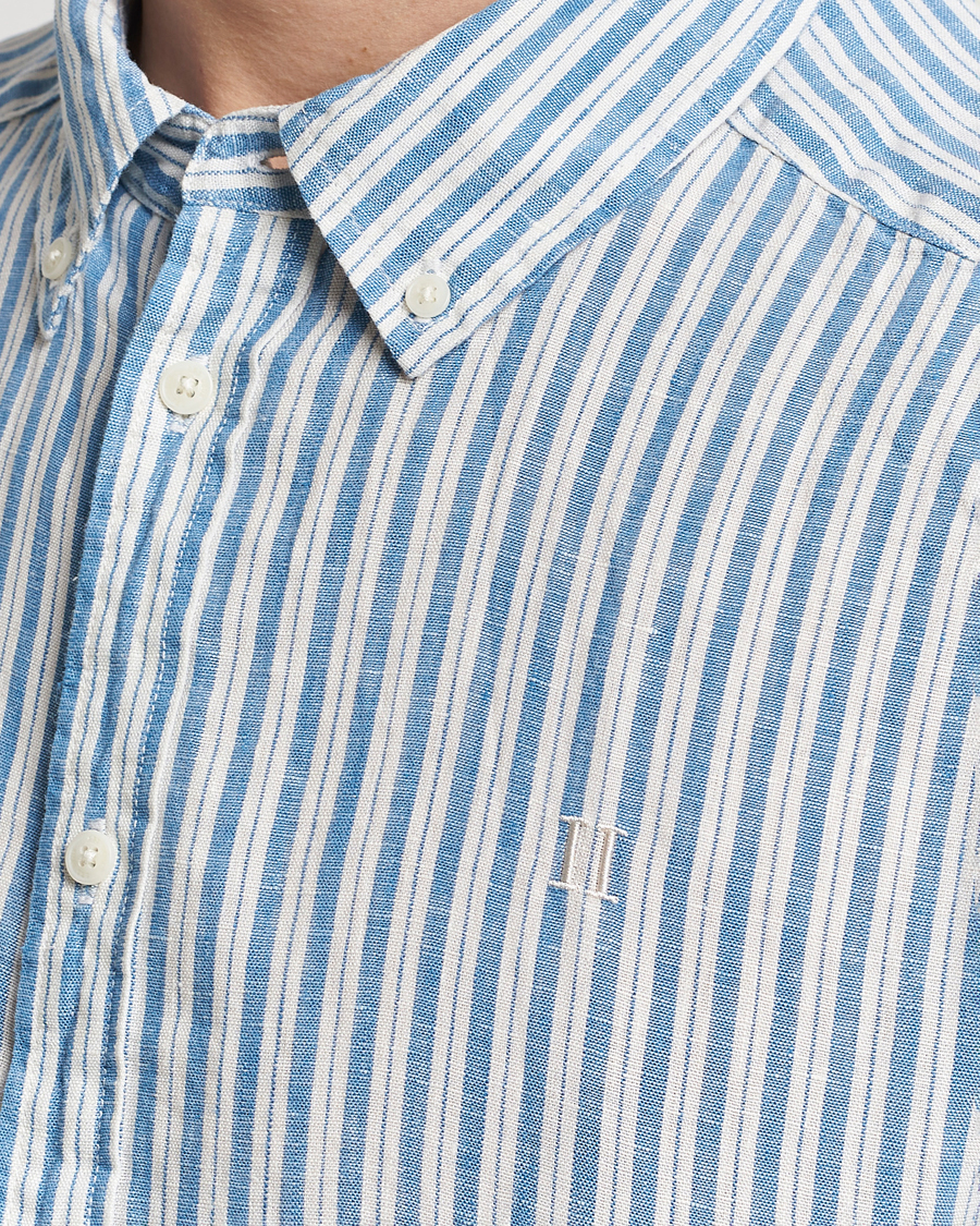 Mies | Kauluspaidat | LES DEUX | Kris Linen Striped Short Sleeve Shirt Blue/Ivory
