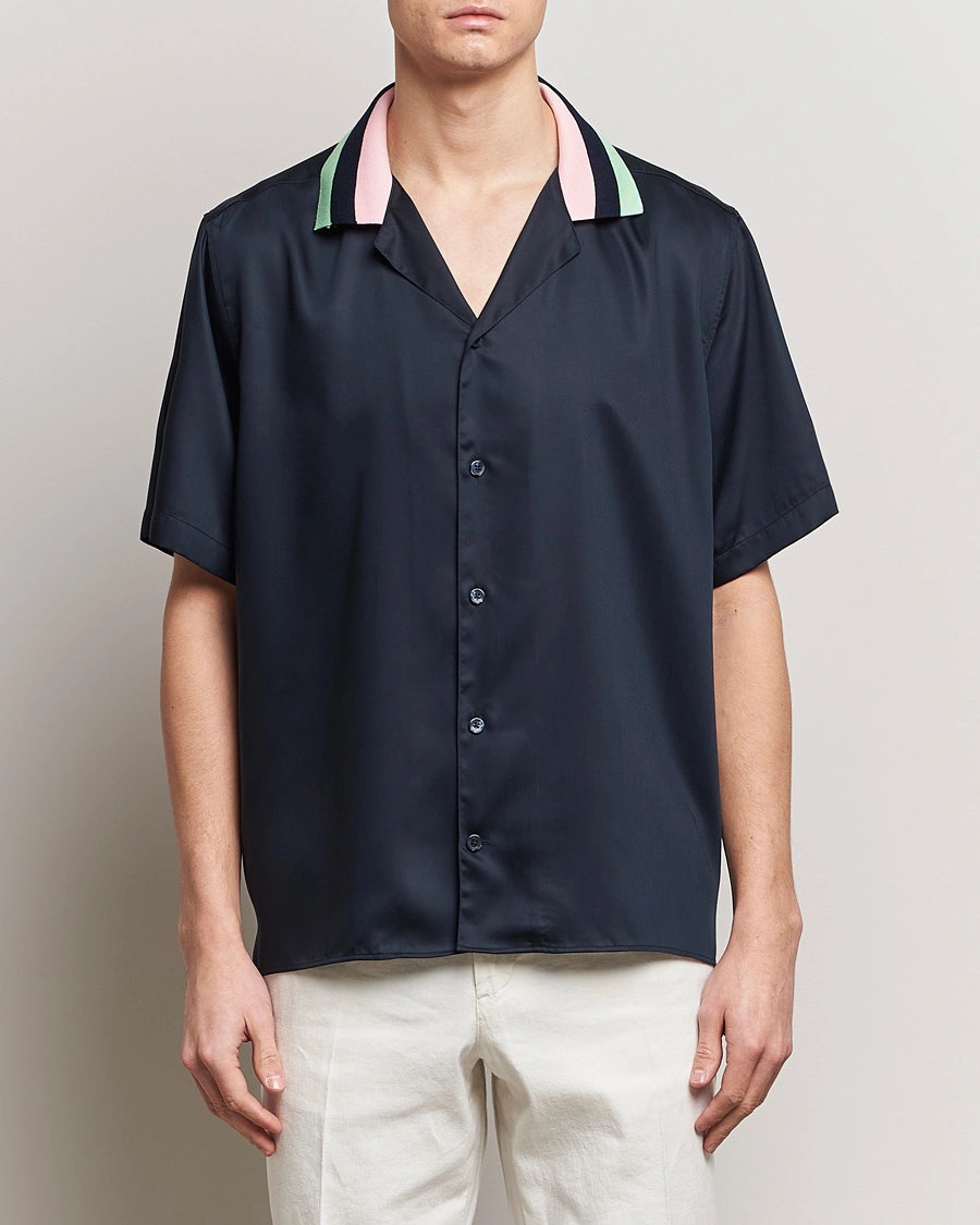 Mies | Kanta-asiakastarjous | J.Lindeberg | Skala Knit Collar Tencel Shirt Navy