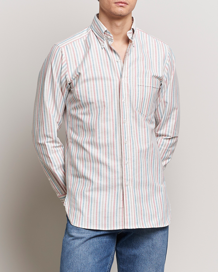 Mies | Preppy Authentic | Drake's | Thin Tripple Stripe Oxford Shirt White
