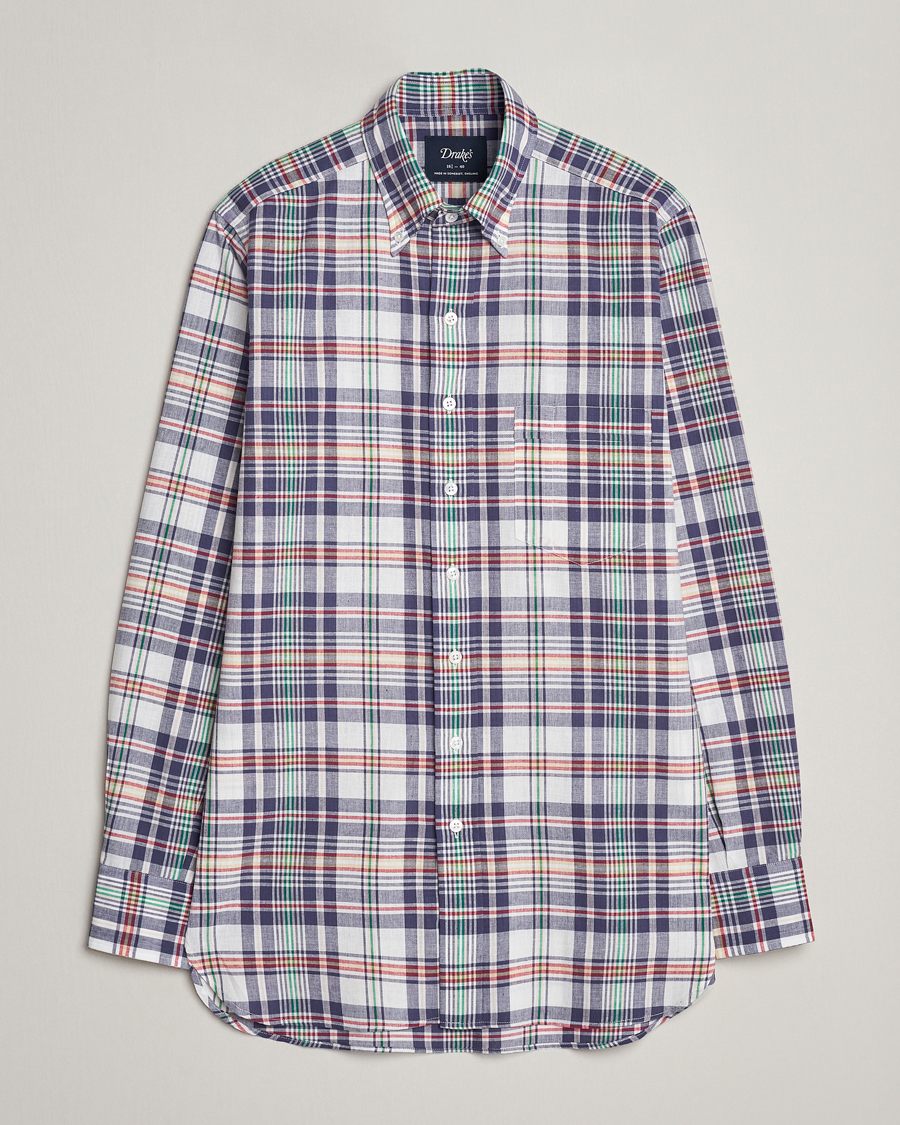 Mies | Kauluspaidat | Drake's | Madras Checked Linen Button Down Shirt Navy