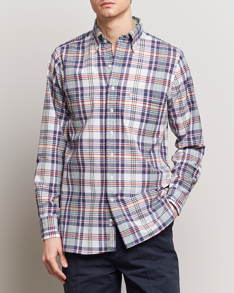 Mies | Preppy Authentic | Drake's | Madras Checked Linen Button Down Shirt Navy