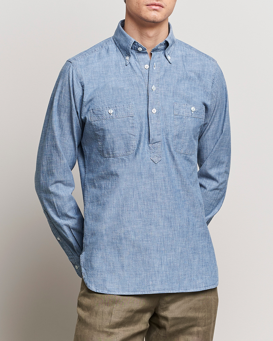 Mies | Preppy Authentic | Drake's | Chambray Popover Work Shirt Blue