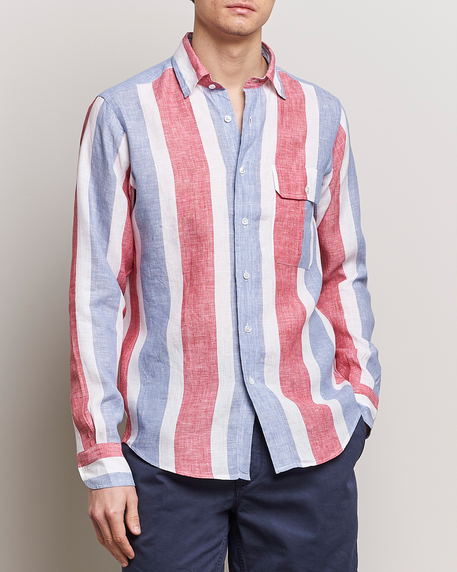 Mies | Preppy Authentic | Drake's | Thick Stripe Linen Shirt Red/Blue