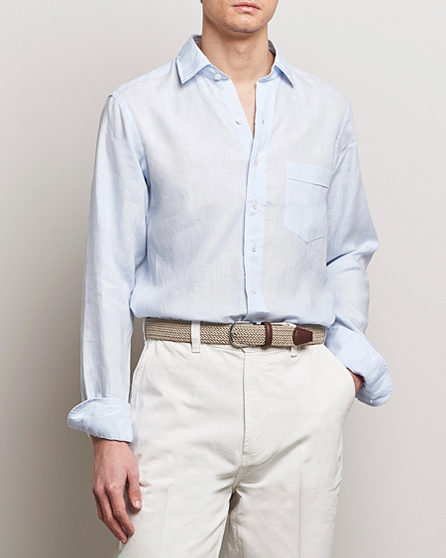 Mies | Kauluspaidat | Drake's | Linen Summer Shirt Sky Blue