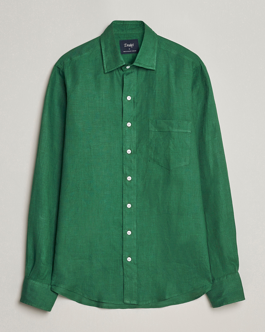 Mies | Kauluspaidat | Drake's | Linen Summer Shirt Green