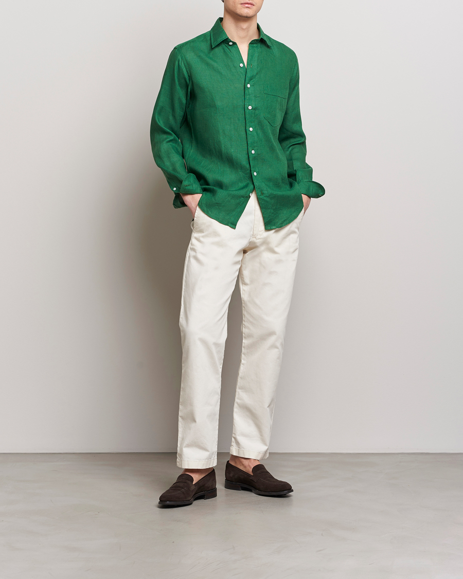 Mies | Kauluspaidat | Drake's | Linen Summer Shirt Green