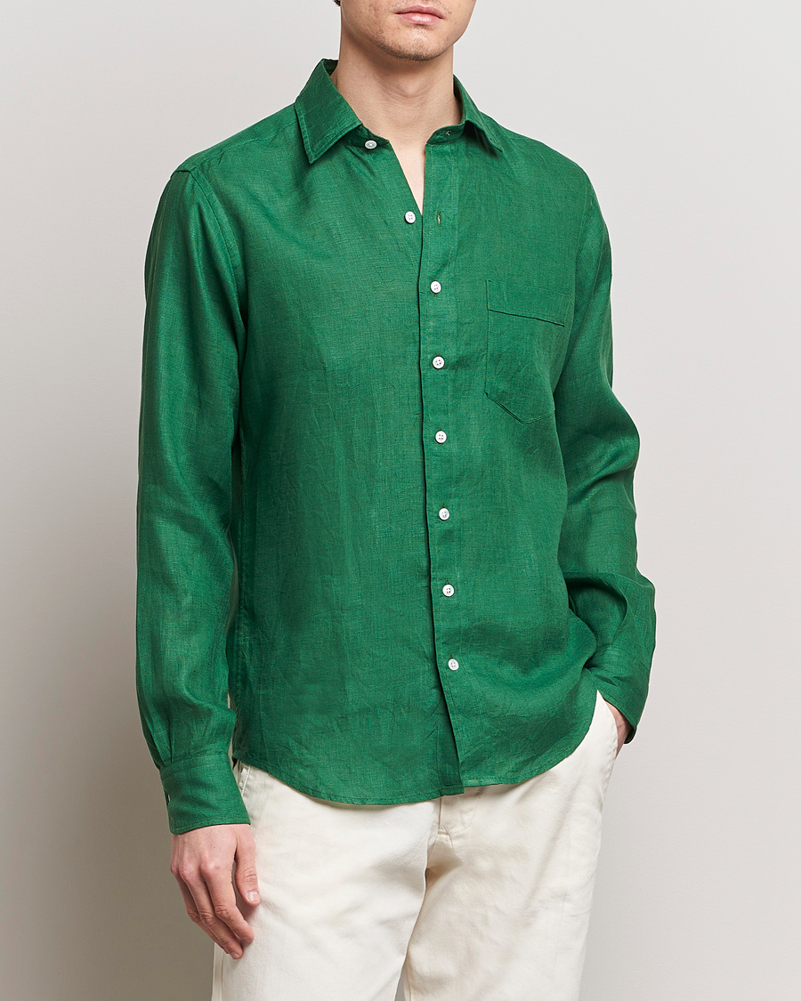 Mies | Pellavapaidat | Drake's | Linen Summer Shirt Green