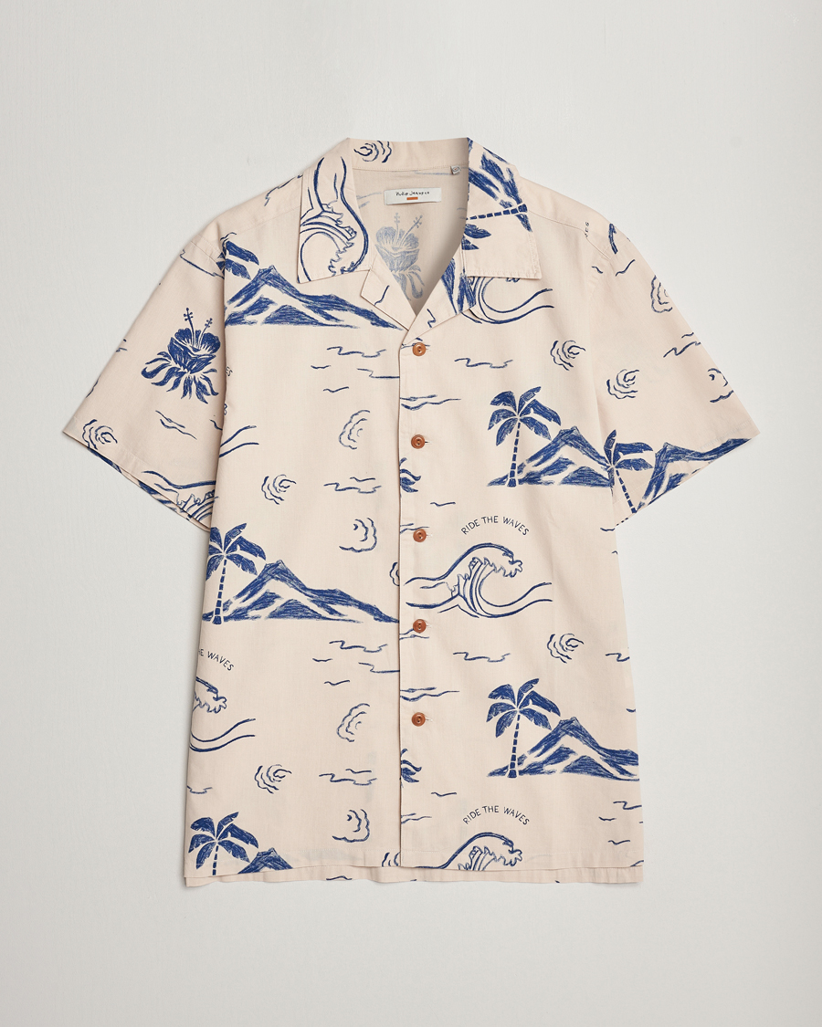 Mies | Kauluspaidat | Nudie Jeans | Arvid Printed Waves Hawaii Short Sleeve Shirt Ecru